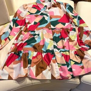 SundayUp Multicolor Geometric Print Shirt — Pink, Green, Blue, Brown
